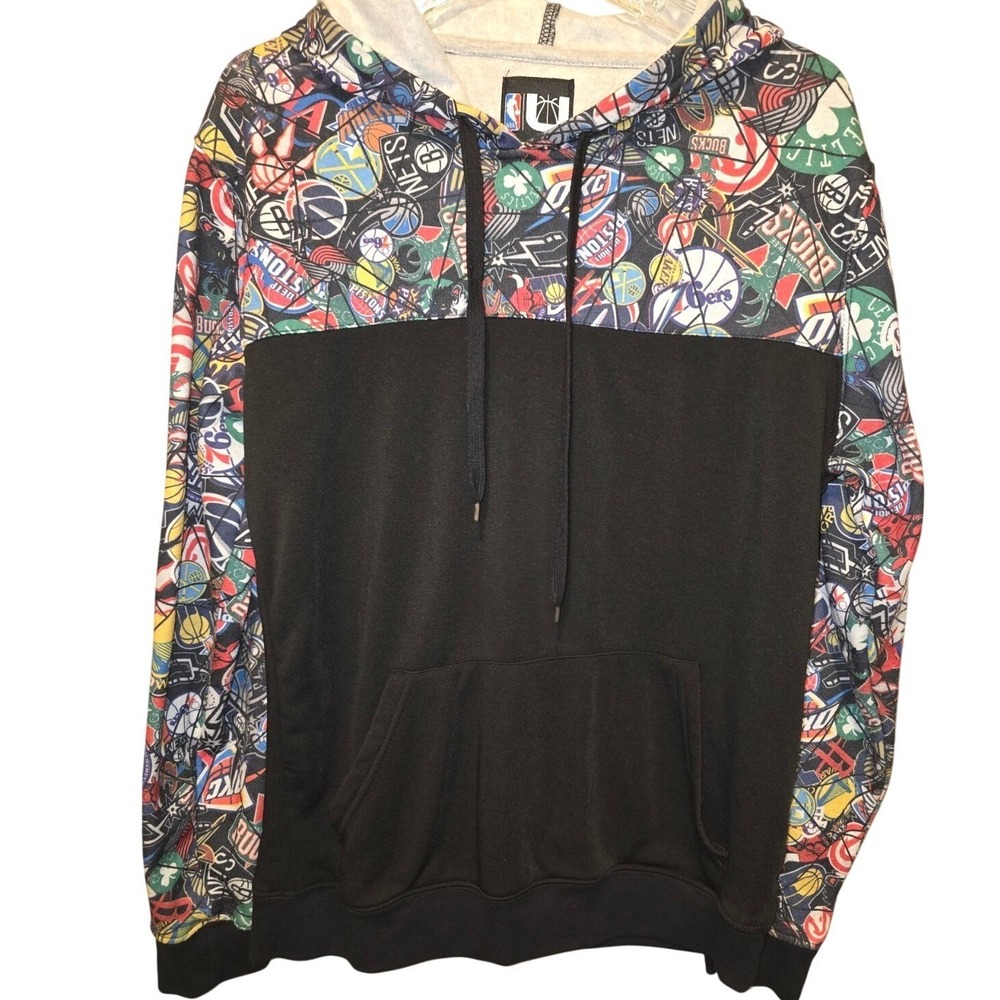 NBA UNK Hoodie Men's Sz M All Team Graphic Print Black Multicolor Slam Dunk Net